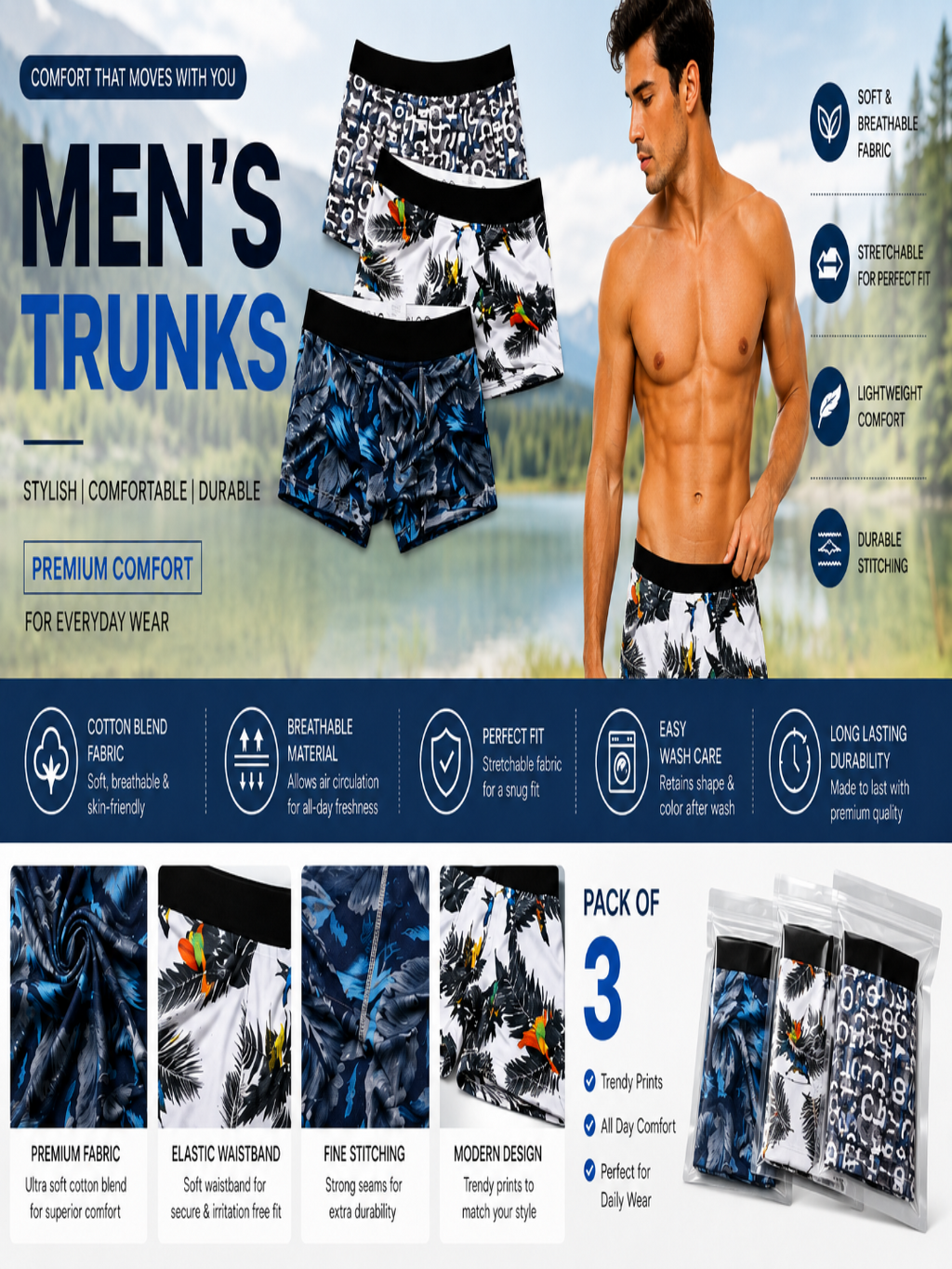 Men’s Extra Thin Printed Ice Silk Underwear – Long, Comfortable, Breathable Boxer Brief Trunks (Pack of 3)