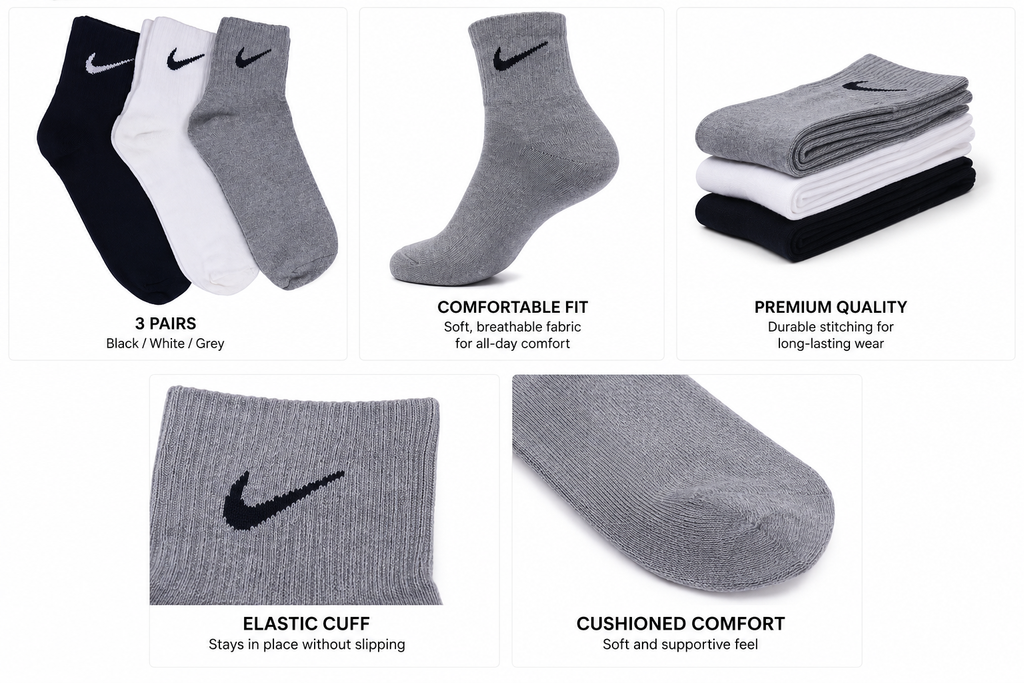 Ankle Length Sports Socks for Man | Breathable & Moisture Absorbent | Running, Gym & Sneaker | Pack of 3