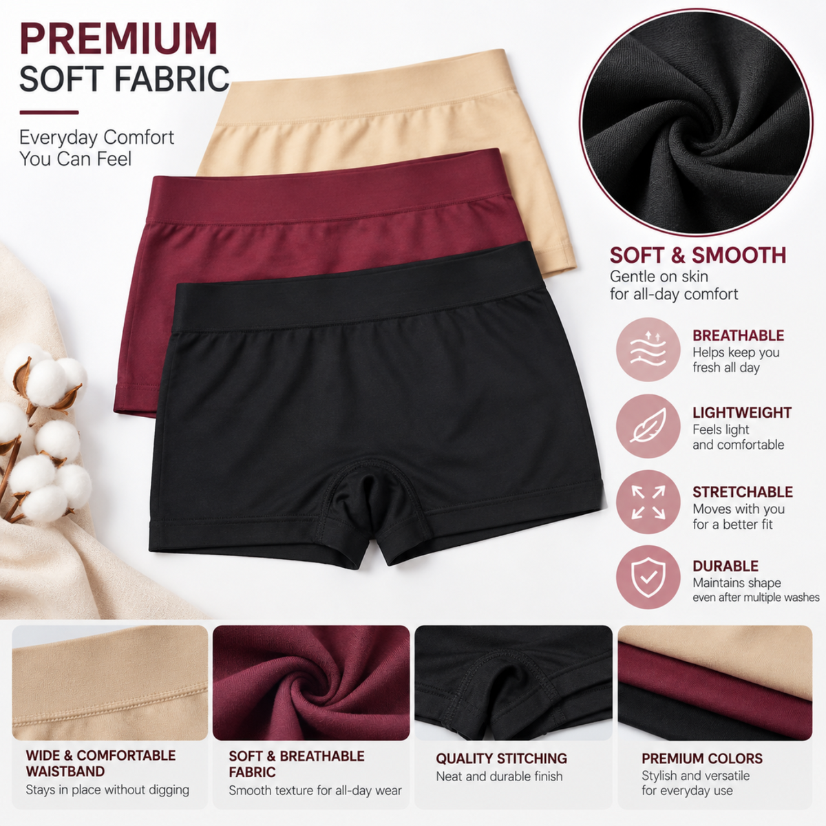 NOVORACART Women's Modal Spandex Boy Shorts Panties with No Marks Waistband Pack of 3