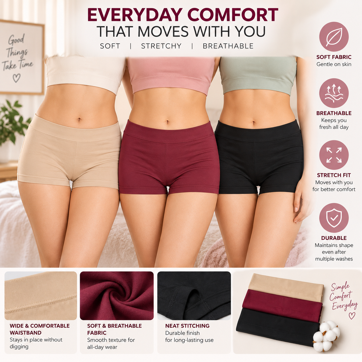 NOVORACART Women's Modal Spandex Boy Shorts Panties with No Marks Waistband Pack of 3