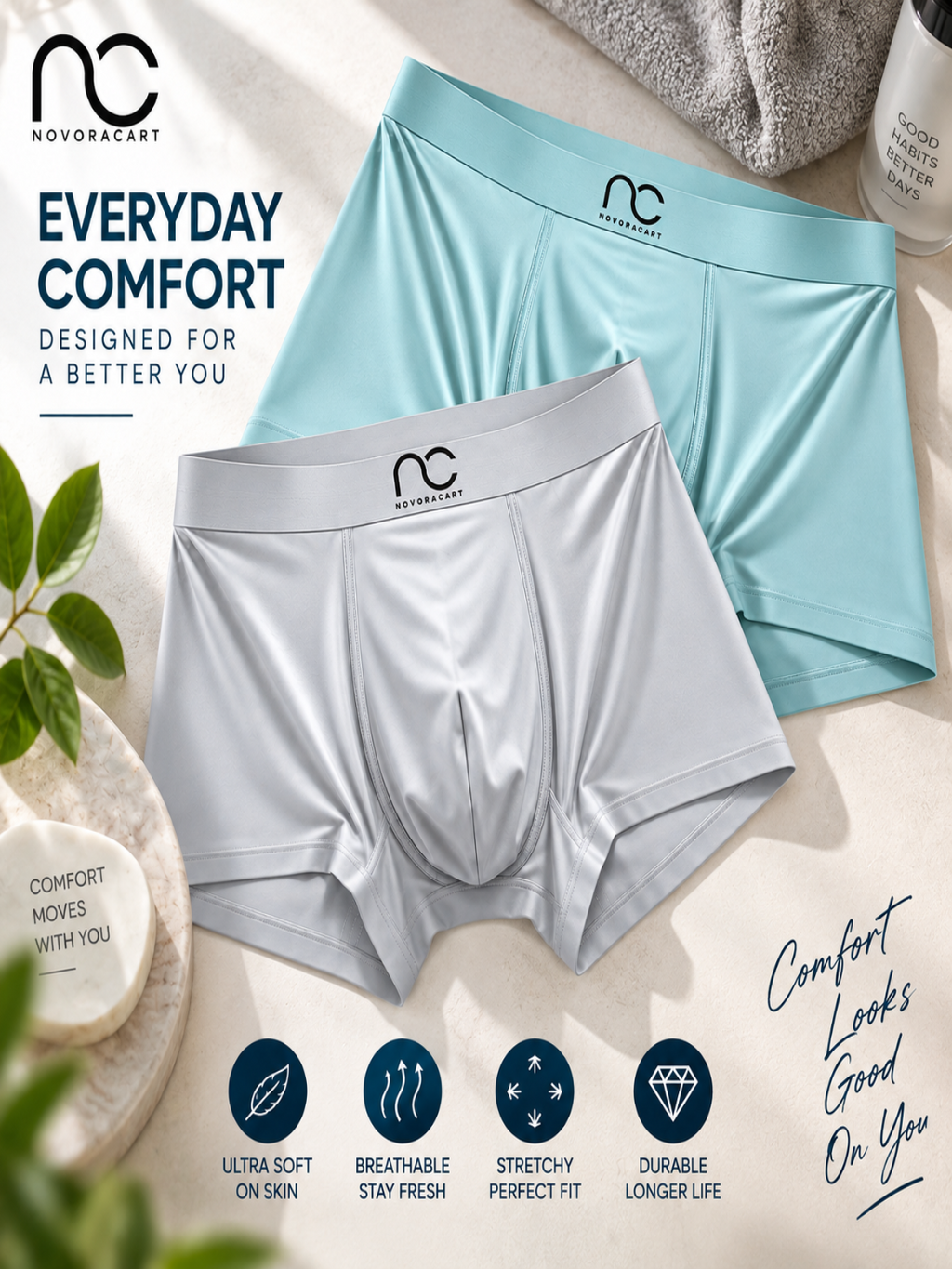 Men's Boxer Brief Pack of 2, Ultra Soft and Lightweight, Breathable & 4-Way Stretch, No-Ride-Up Fit, Seamless Design, Ice Silk Solid Regular Fit Trunk